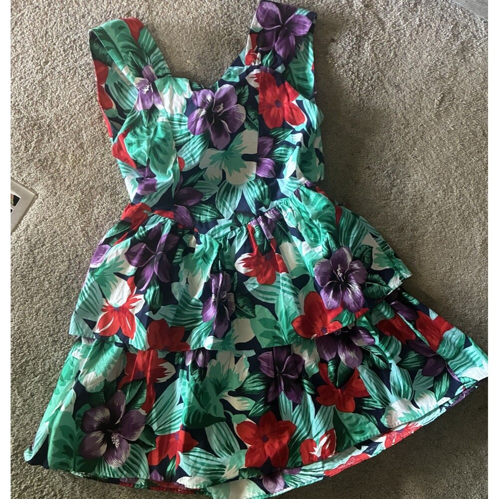 Bonnie Jean Floral Tiered Mini Dress in Green, Red, Purple